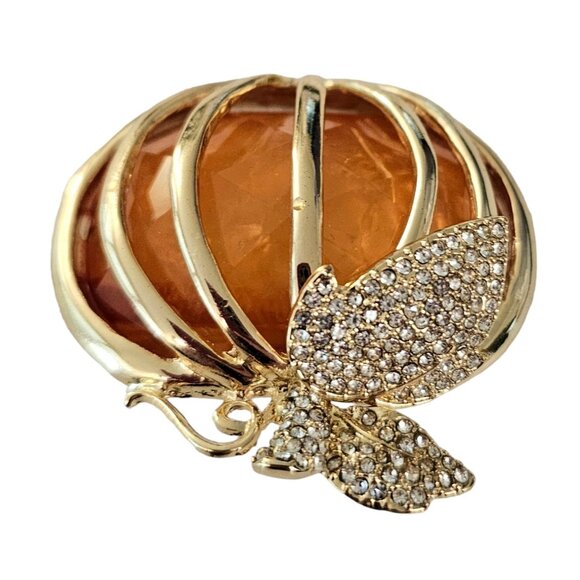 Napier Gold-Tone Caged Orange Resin Pumpkin Rhinestone Leaf Brooch Signed, L98 - Picture 5 of 8